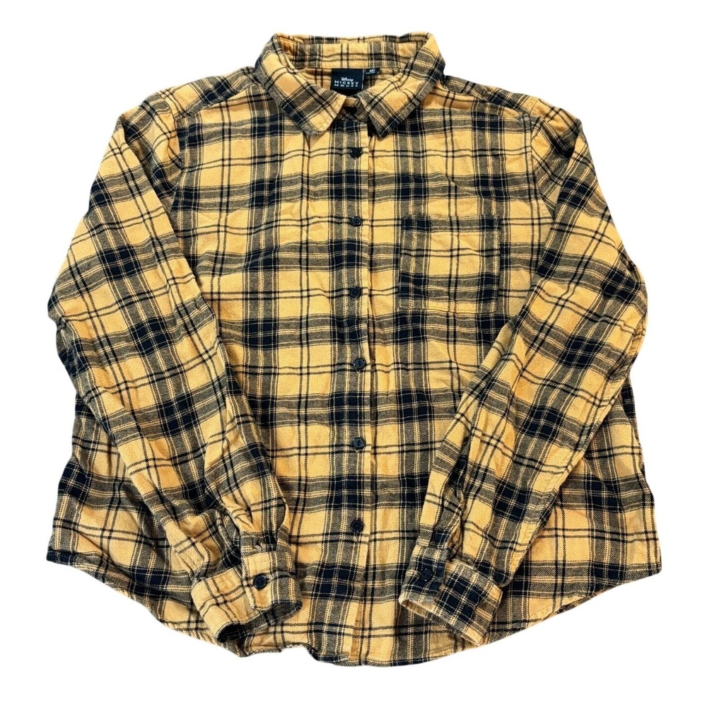 Disney Mickey‎ Mouse Flannel Shirt Womens Medium Yellow Black Plaid Graphic Back